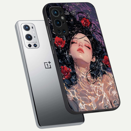 Crimson Rose Serenity phone case For OnePlus 9 Pro showing premium glass back cover with detailed artwork