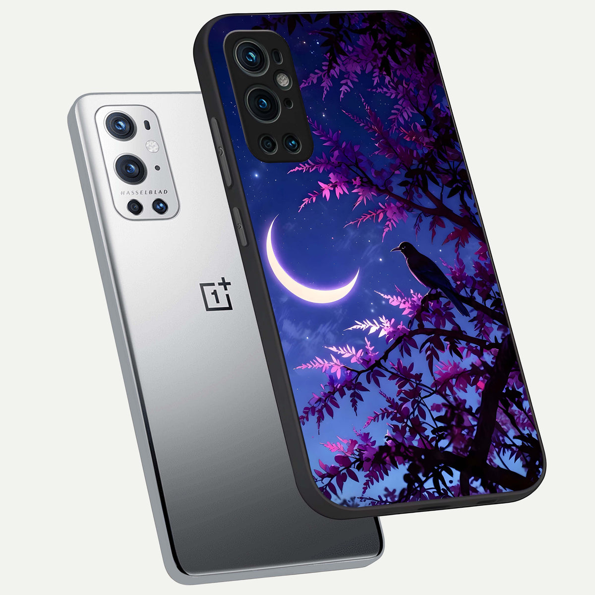  Crow And Moon Scenery phone case For OnePlus 9 Pro showing premium glass back cover with detailed artwork