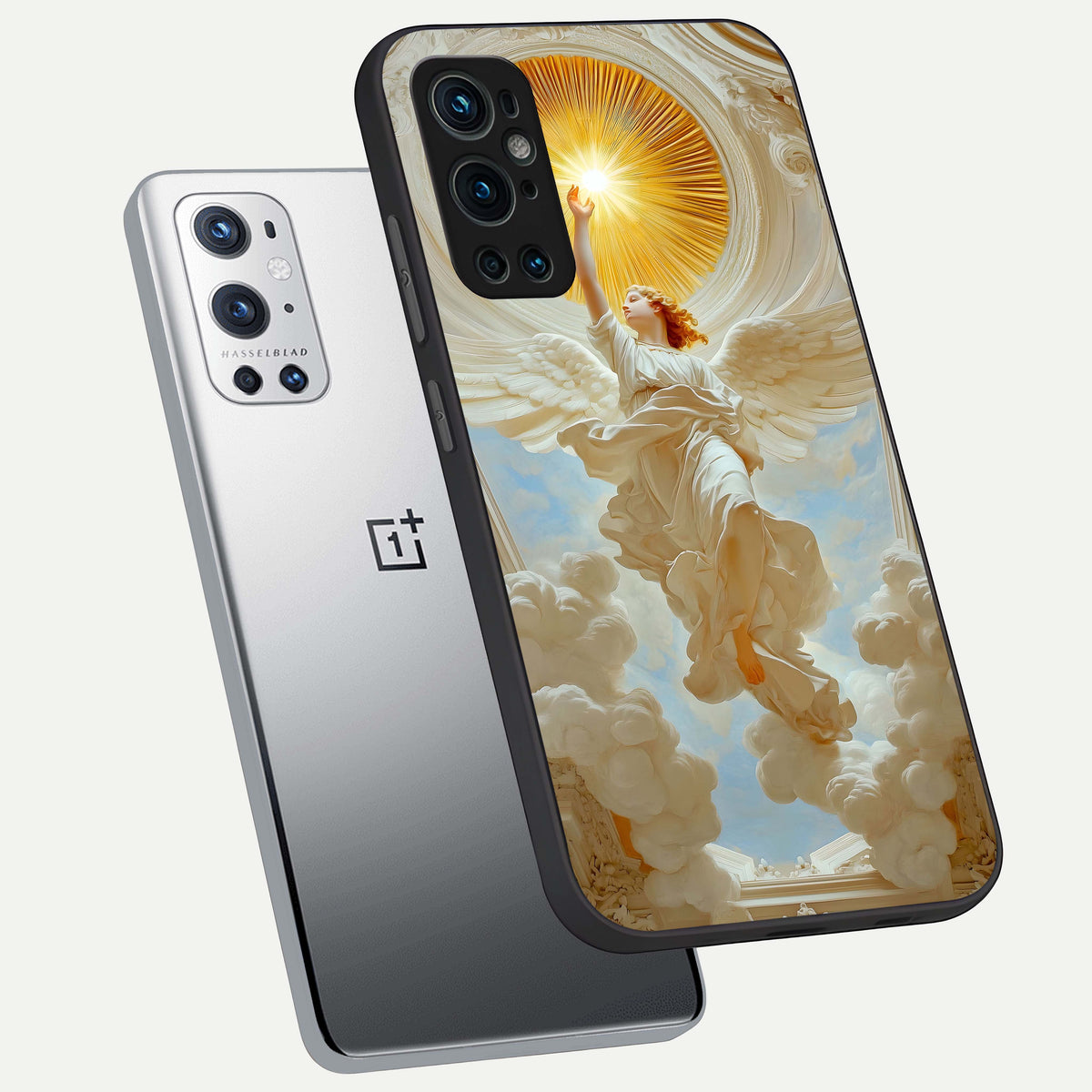  Divine Light Angel phone case For OnePlus 9 Pro showing premium glass back cover with detailed artwork