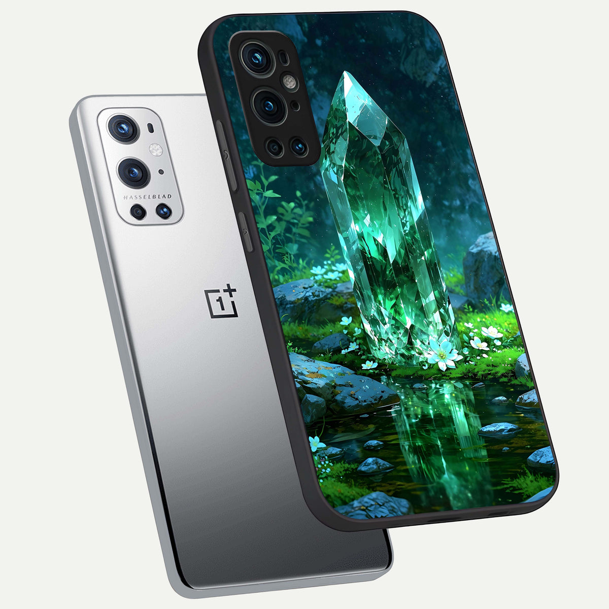 Emerald Light Crystal phone case For OnePlus 9 Pro showing premium glass back cover with detailed artwork