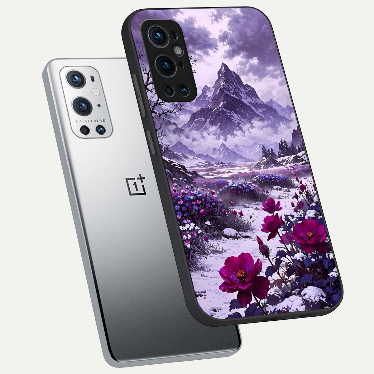  Flower Mountain View phone case For OnePlus 9 Pro showing premium glass back cover with detailed artwork