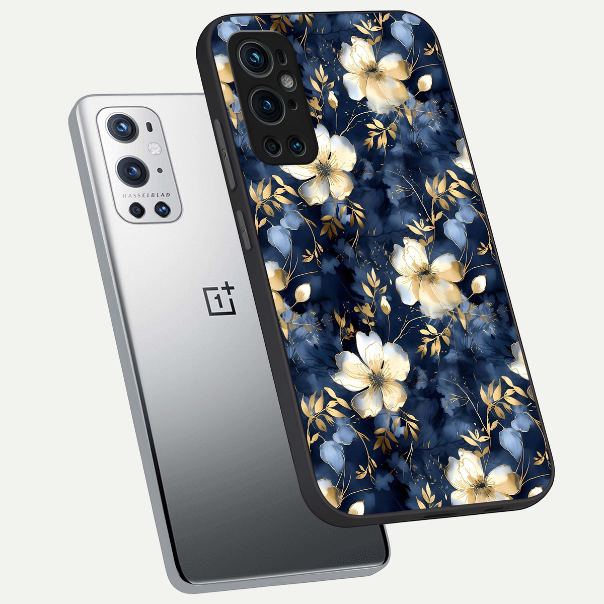  Golden Midnight Bloom phone case For OnePlus 9 Pro showing premium glass back cover with detailed artwork