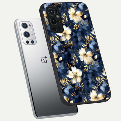  Golden Midnight Bloom phone case For OnePlus 9 Pro showing premium glass back cover with detailed artwork