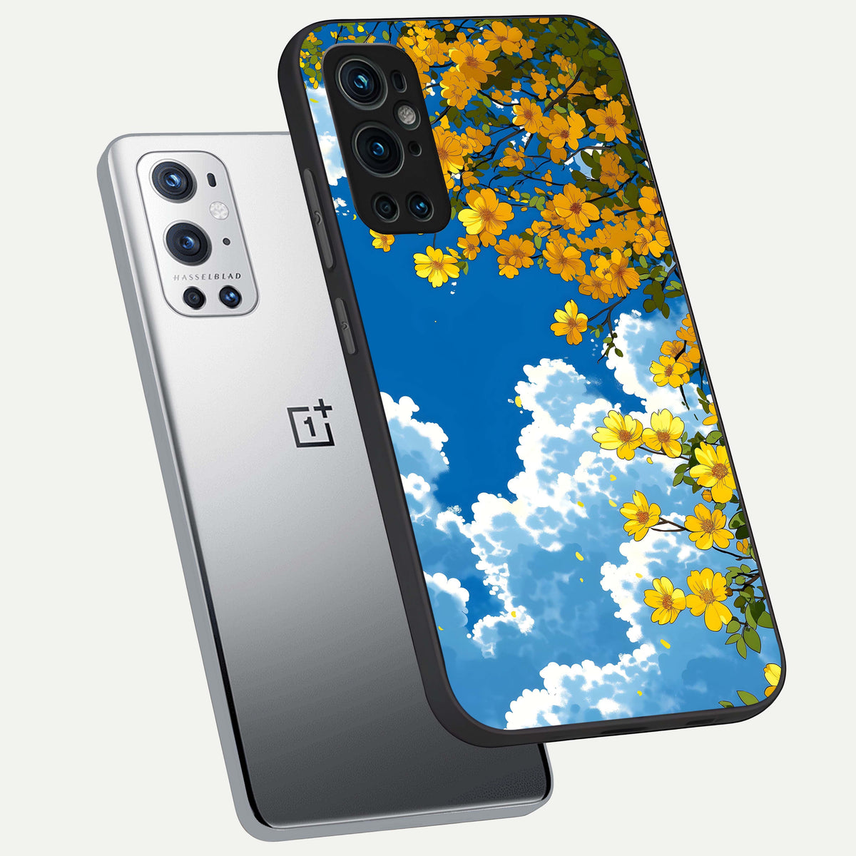  Golden Petal Sky phone case For OnePlus 9 Pro showing premium glass back cover with detailed artwork