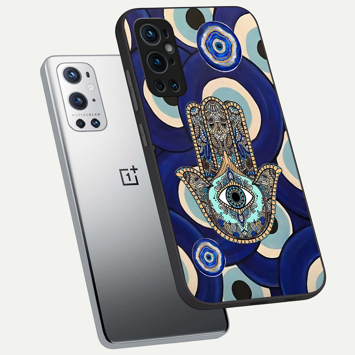  Hamsa Divine Guard phone case For OnePlus 9 Pro showing premium glass back cover with detailed artwork