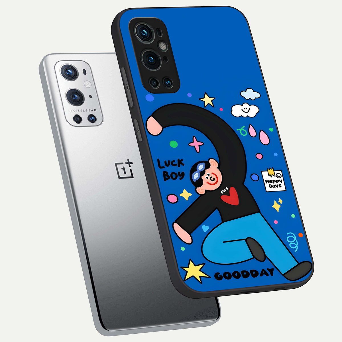  Happy Luck Vibe phone case For OnePlus 9 Pro showing premium glass back cover with detailed artwork