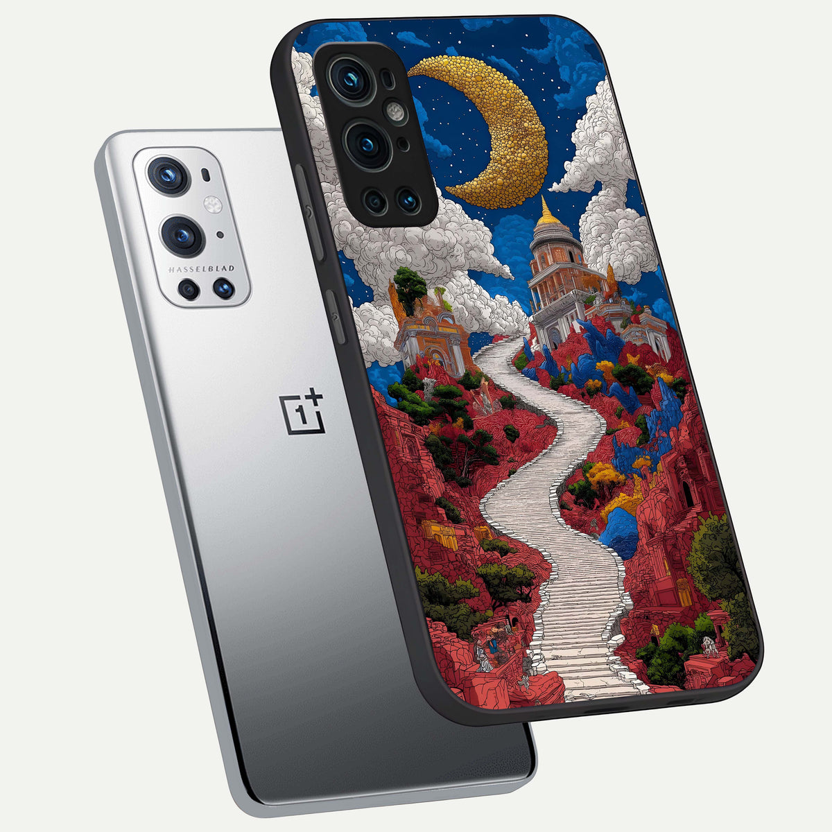  Heavenly Moon Path phone case For OnePlus 9 Pro showing premium glass back cover with detailed artwork