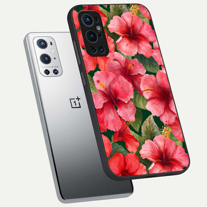  Hibiscus Pattern phone case For OnePlus 9 Pro showing premium glass back cover with detailed artwork