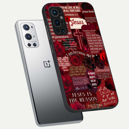  Jesus Love Heals phone case For OnePlus 9 Pro showing premium glass back cover with detailed artwork