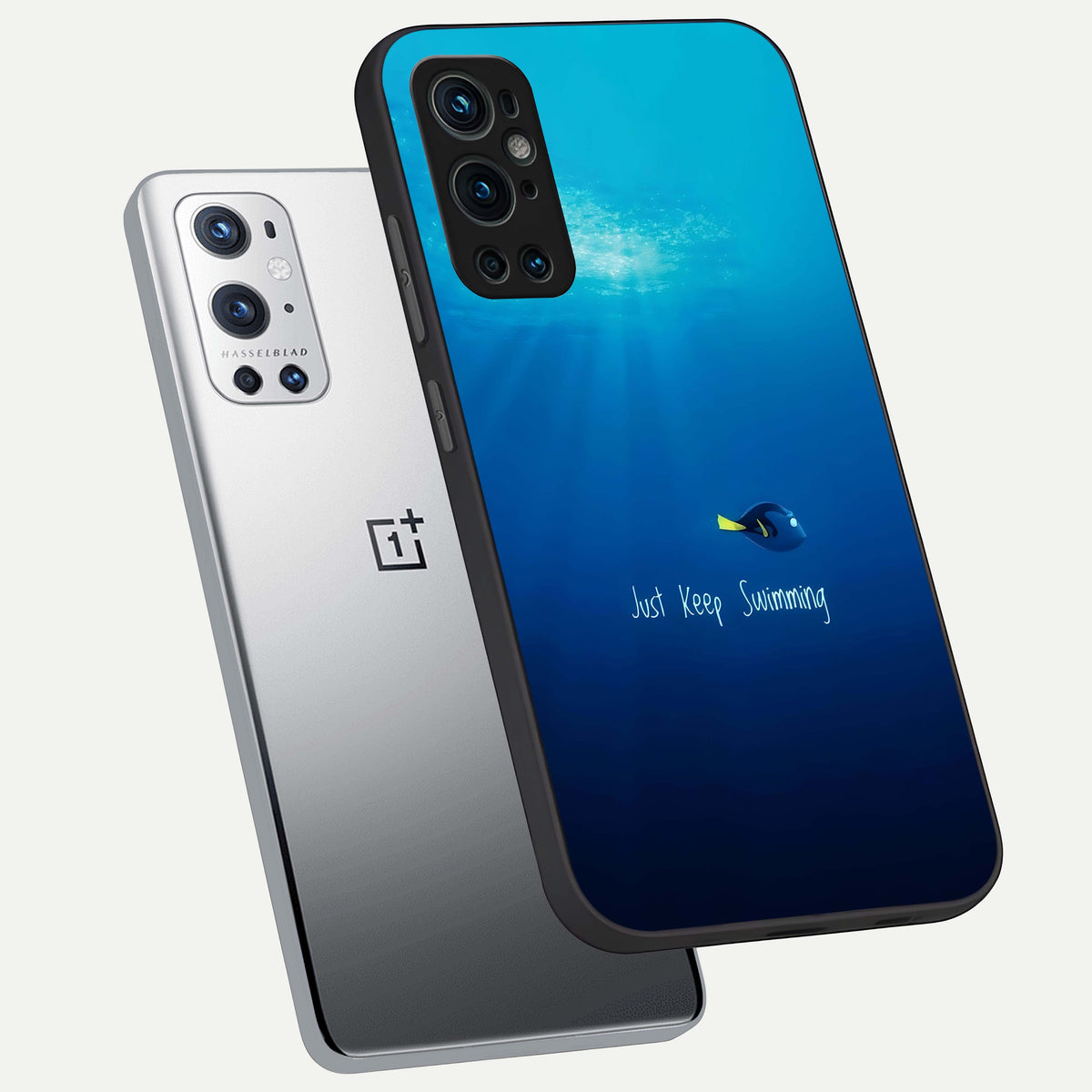  Just Keep Swimming phone case For OnePlus 9 Pro showing premium glass back cover with detailed artwork