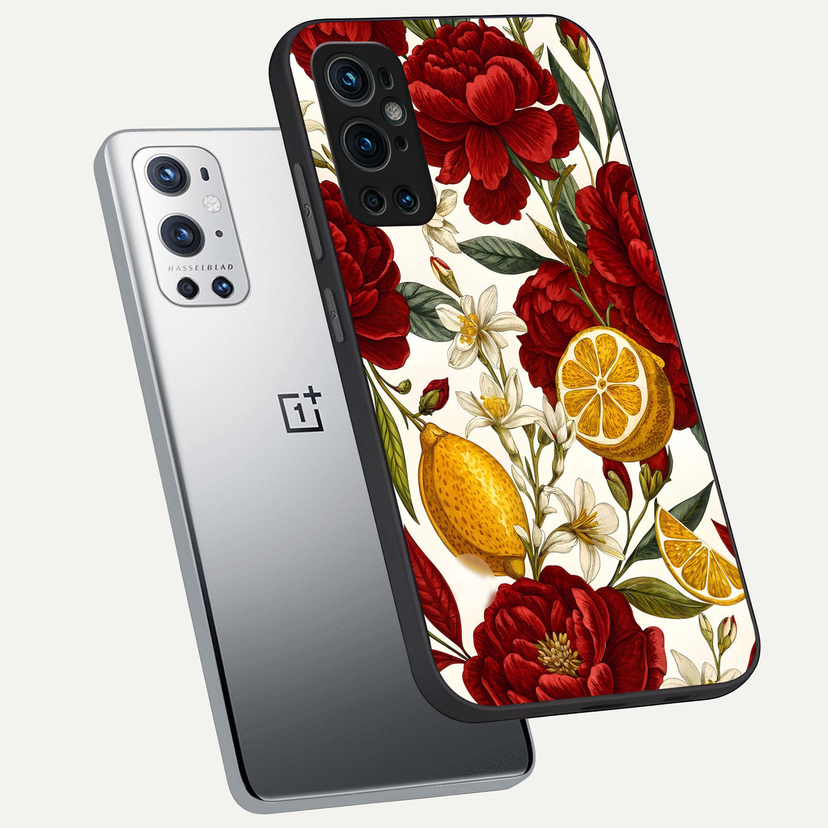  Lemon Rose Charm phone case For OnePlus 9 Pro showing premium glass back cover with detailed artwork
