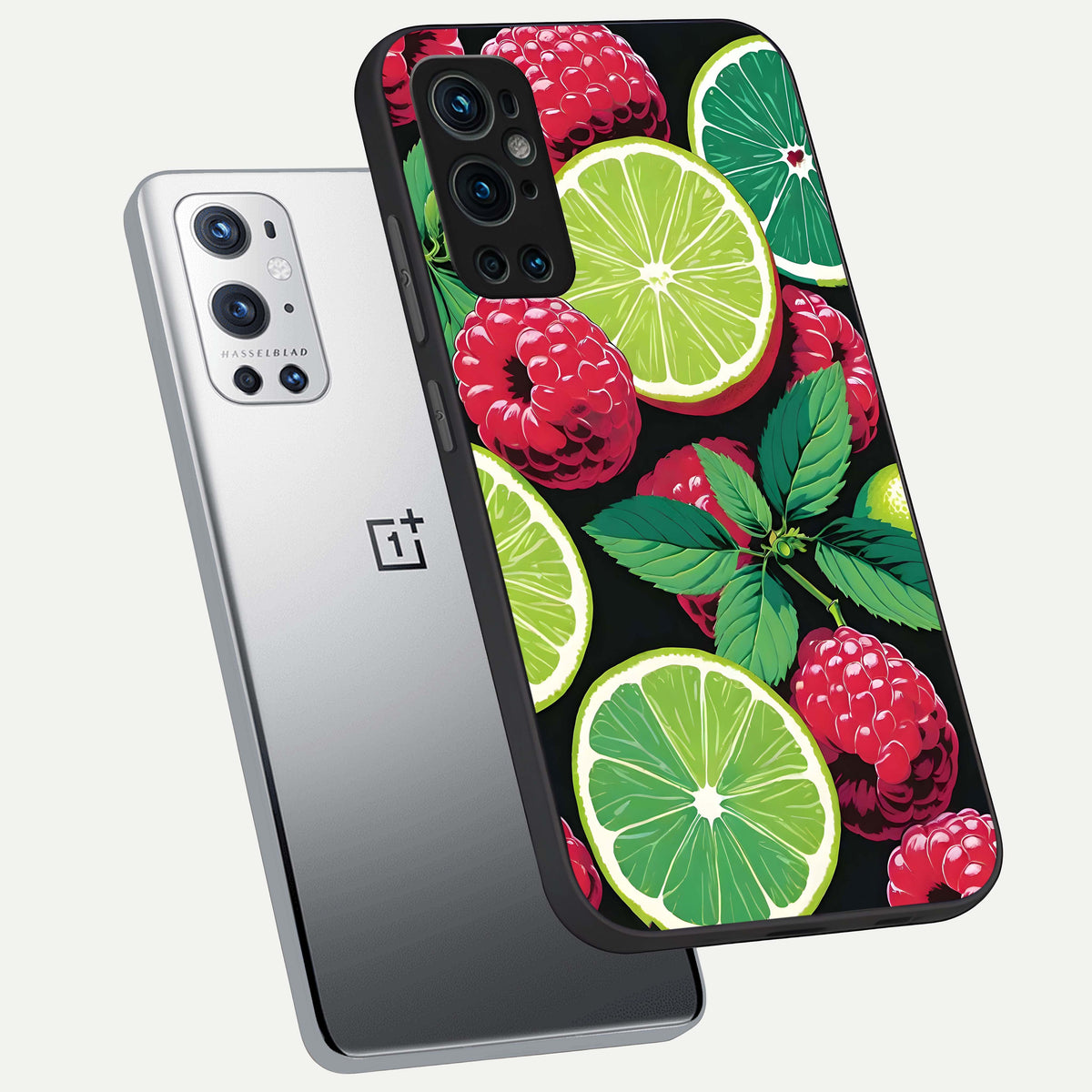  Lime and Raspberry Pattern phone case For OnePlus 9 Pro showing premium glass back cover with detailed artwork