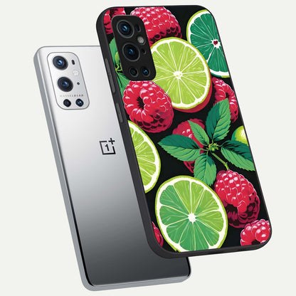  Lime and Raspberry Pattern phone case For OnePlus 9 Pro showing premium glass back cover with detailed artwork