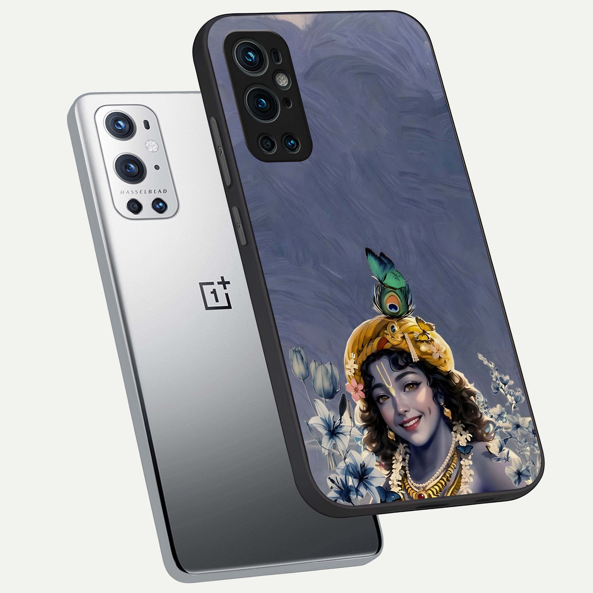  Lord Krishna phone case For OnePlus 9 Pro showing premium glass back cover with detailed artwork