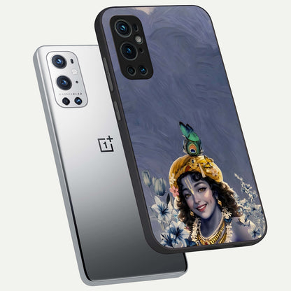  Lord Krishna phone case For OnePlus 9 Pro showing premium glass back cover with detailed artwork