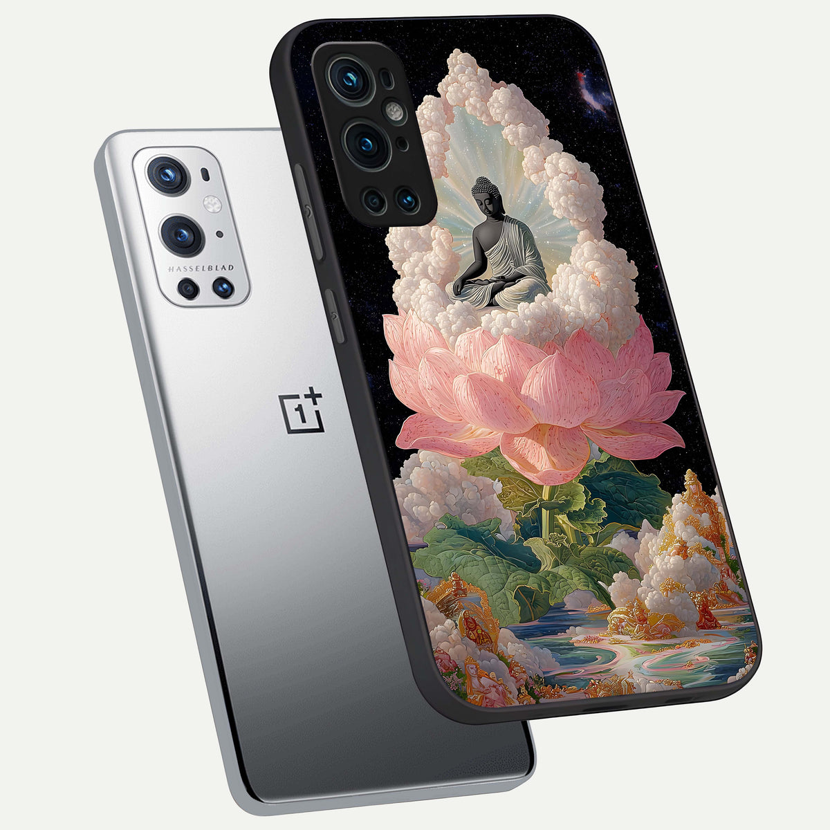  Lotus Divine Peace phone case For OnePlus 9 Pro showing premium glass back cover with detailed artwork