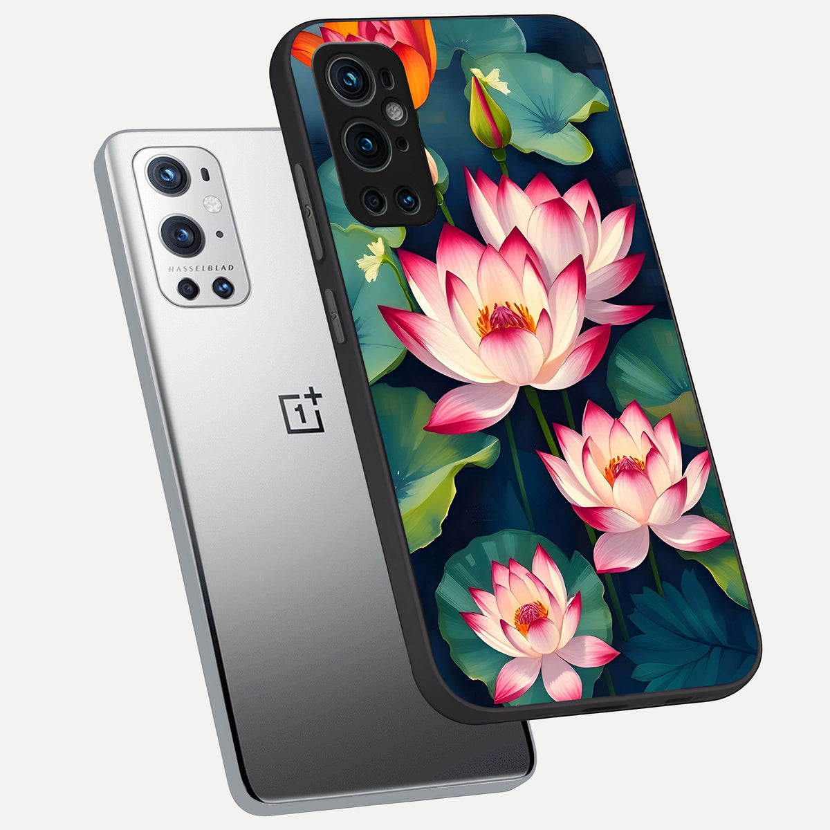  Lotus Dream Serenity phone case For OnePlus 9 Pro showing premium glass back cover with detailed artwork