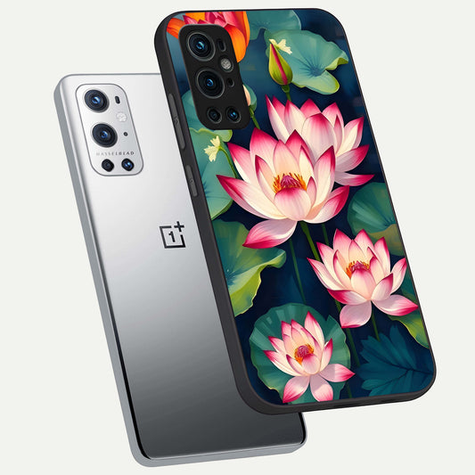  Lotus Dream Serenity phone case For OnePlus 9 Pro showing premium glass back cover with detailed artwork