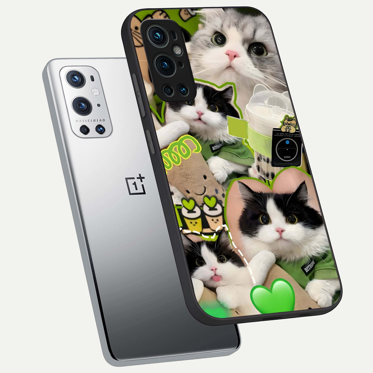  Matcha Cats Mood phone case For OnePlus 9 Pro showing premium glass back cover with detailed artwork