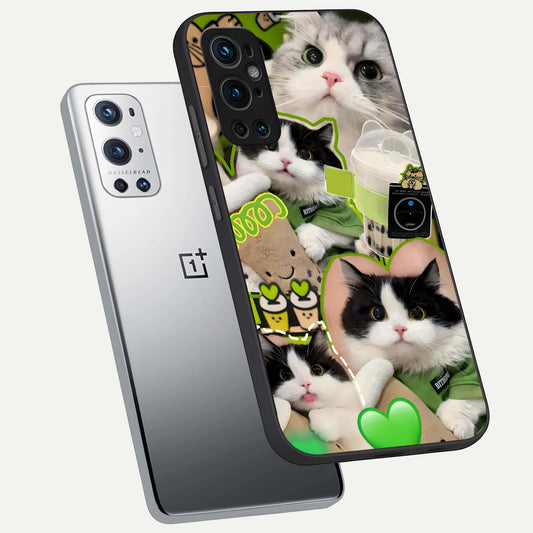  Matcha Cats Mood phone case For OnePlus 9 Pro showing premium glass back cover with detailed artwork