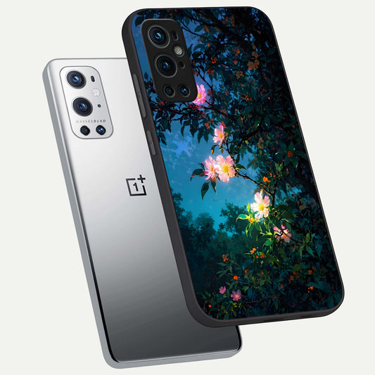  Midnight Bloom Glow phone case For OnePlus 9 Pro showing premium glass back cover with detailed artwork