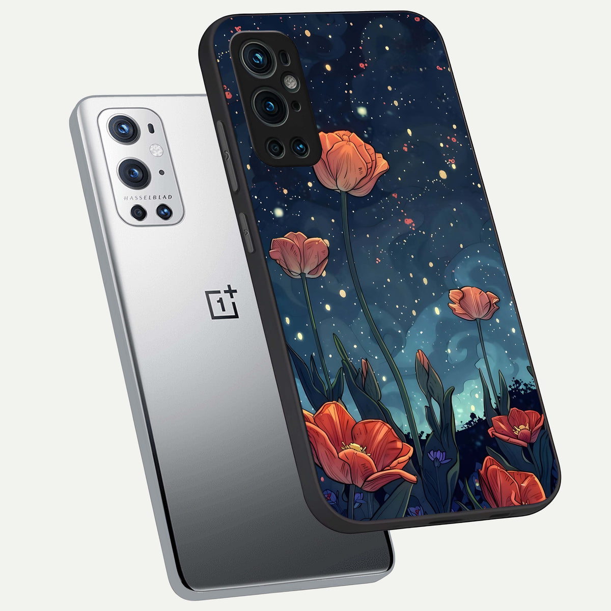  Midnight Tulip Glow phone case For OnePlus 9 Pro showing premium glass back cover with detailed artwork