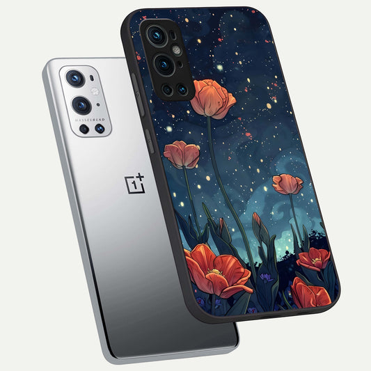  Midnight Tulip Glow phone case For OnePlus 9 Pro showing premium glass back cover with detailed artwork