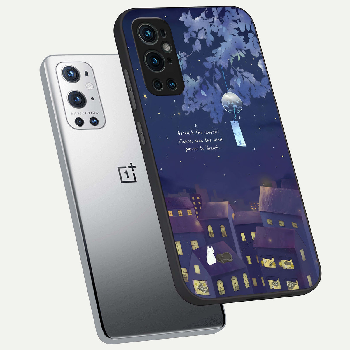  Moonlit Cat Silence phone case For OnePlus 9 Pro showing premium glass back cover with detailed artwork