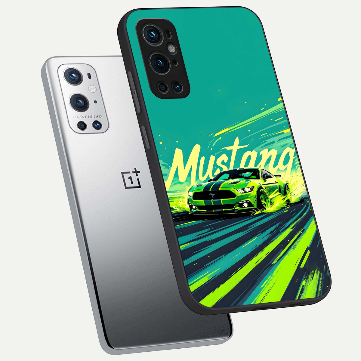  Mustang Bang phone case For OnePlus 9 Pro showing premium glass back cover with detailed artwork
