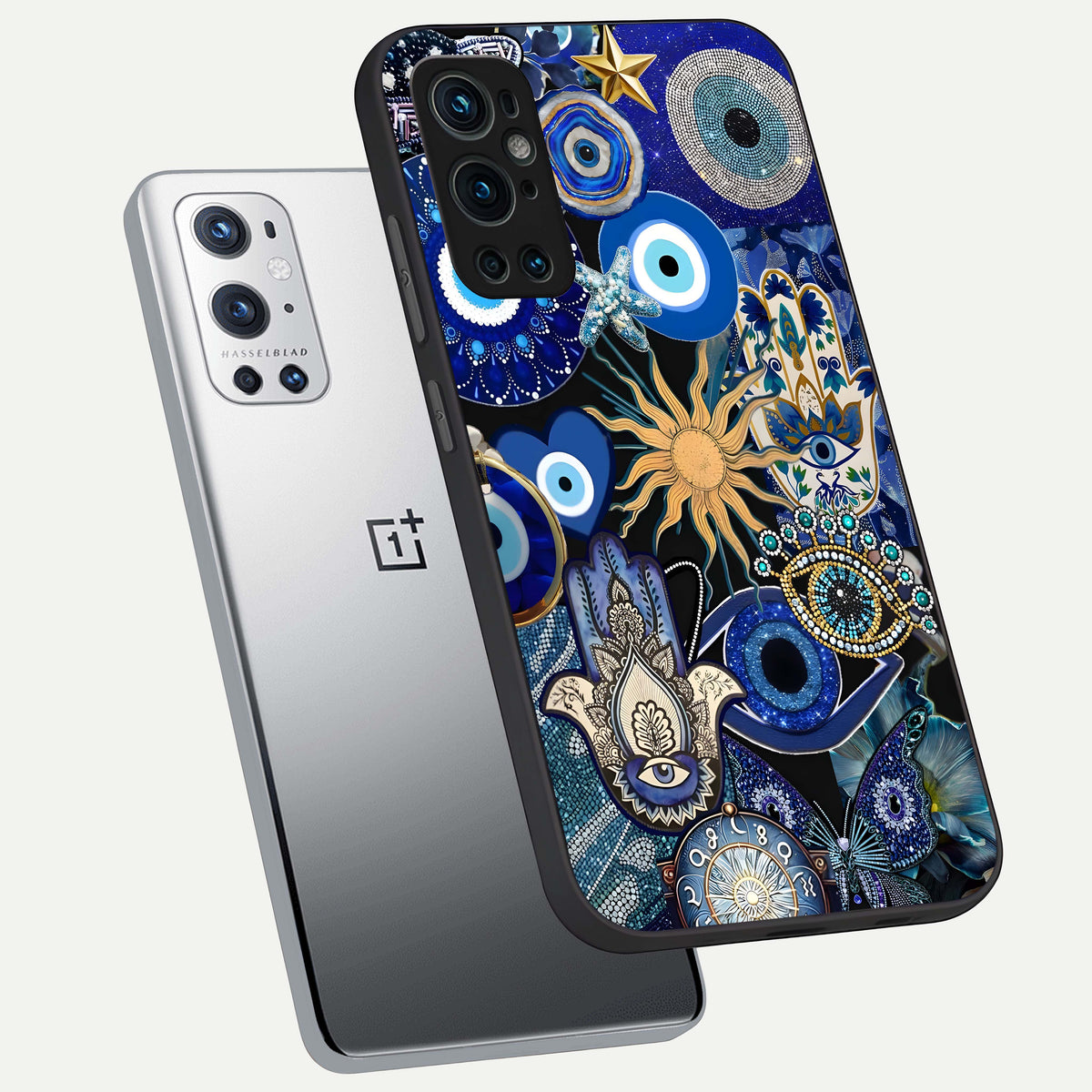  Mystic Blue Evil Eye phone case For OnePlus 9 Pro showing premium glass back cover with detailed artwork