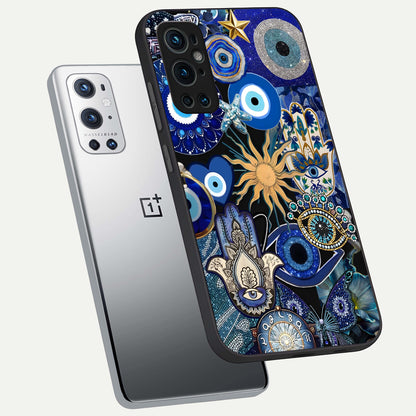  Mystic Blue Evil Eye phone case For OnePlus 9 Pro showing premium glass back cover with detailed artwork