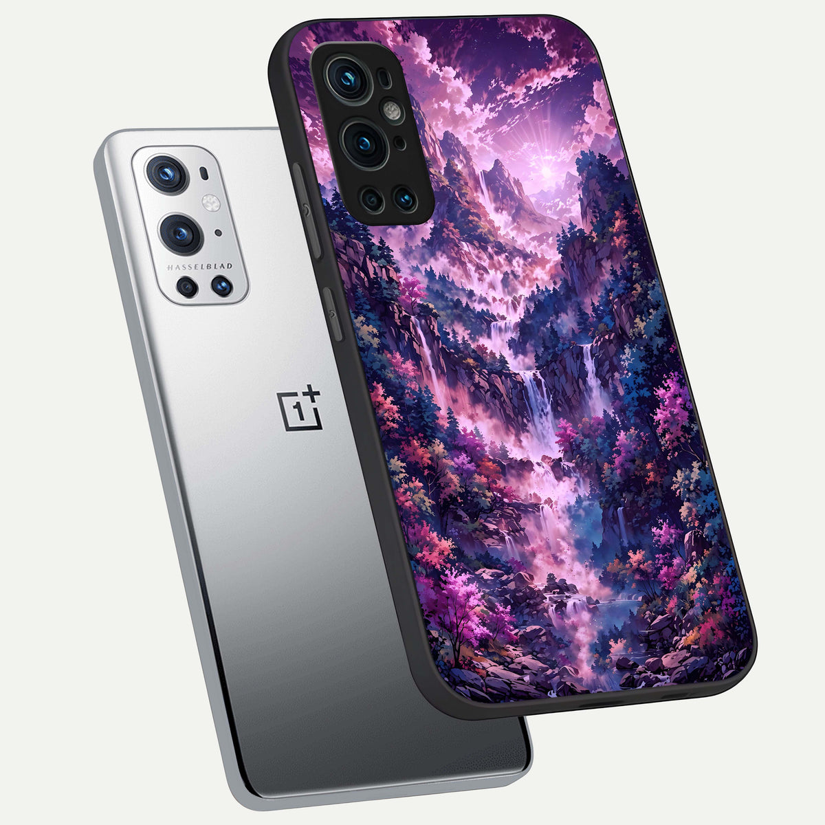  Mystic Cascade Peaks phone case For OnePlus 9 Pro showing premium glass back cover with detailed artwork