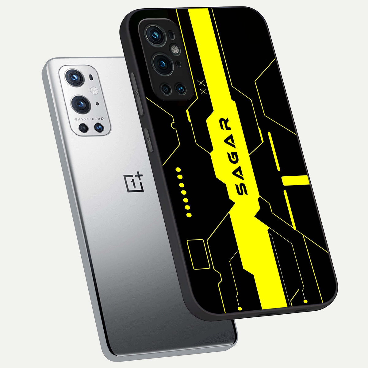  Neon CYBERPUNK Custom Name phone case For OnePlus 9 Pro showing premium glass back cover with detailed artwork