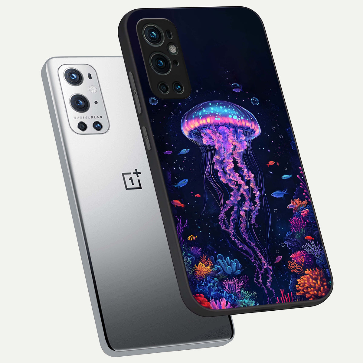  Neon Jellyfish phone case For OnePlus 9 Pro showing premium glass back cover with detailed artwork