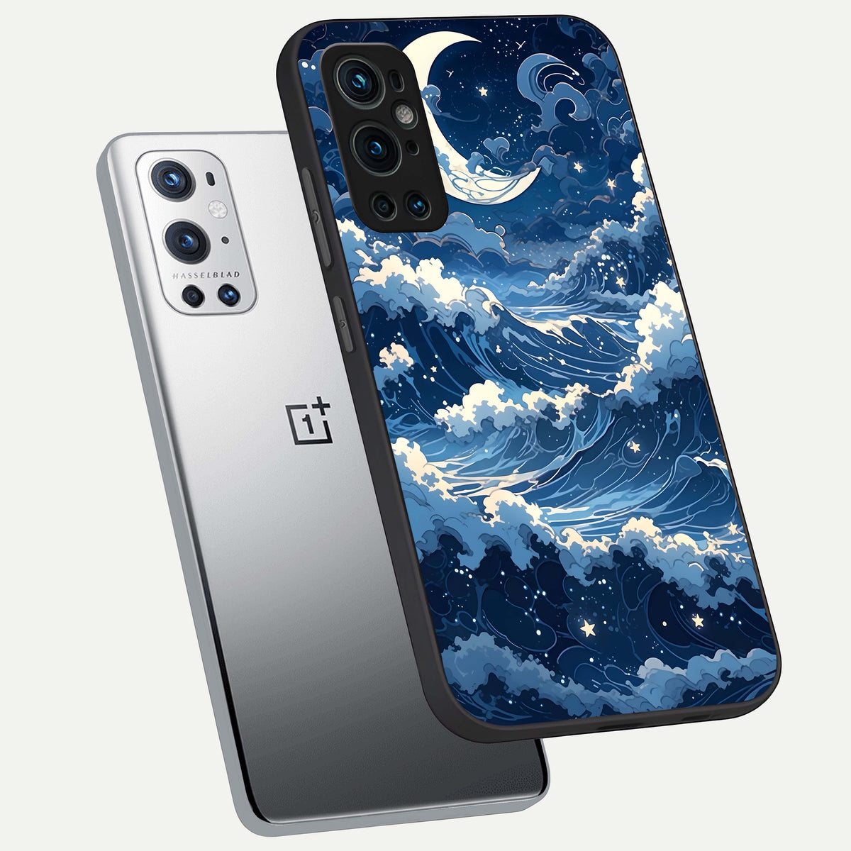  Ocean Moon Waves phone case For OnePlus 9 Pro showing premium glass back cover with detailed artwork