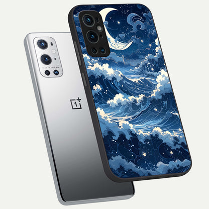  Ocean Moon Waves phone case For OnePlus 9 Pro showing premium glass back cover with detailed artwork