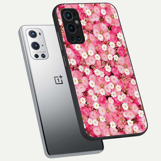  Pink Daisy Bliss phone case For OnePlus 9 Pro showing premium glass back cover with detailed artwork