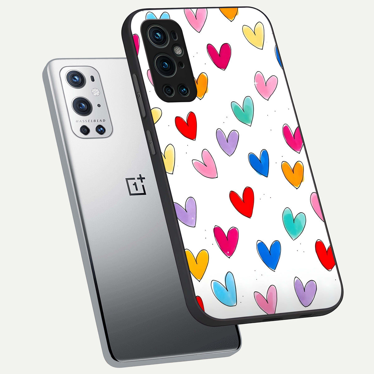  Playful Love Doodles phone case For OnePlus 9 Pro showing premium glass back cover with detailed artwork