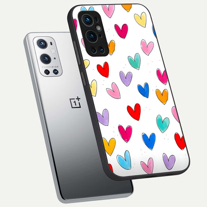  Playful Love Doodles phone case For OnePlus 9 Pro showing premium glass back cover with detailed artwork