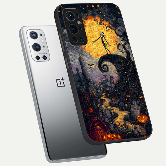 Pumpkin Moon Night phone case For OnePlus 9 Pro showing premium glass back cover with detailed artwork