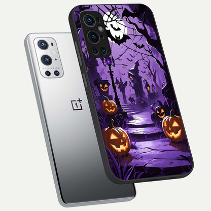  Pumpkin Patch Halloween phone case For OnePlus 9 Pro showing premium glass back cover with detailed artwork