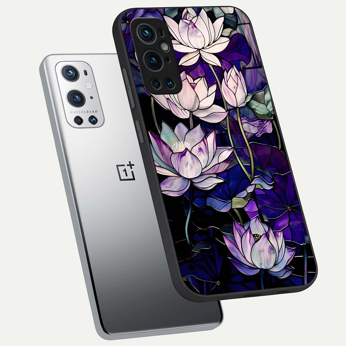  Purple Lotus Pattern phone case For OnePlus 9 Pro showing premium glass back cover with detailed artwork
