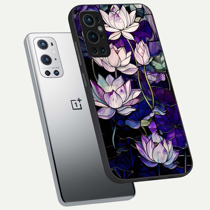  Purple Lotus Pattern phone case For OnePlus 9 Pro showing premium glass back cover with detailed artwork