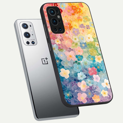  Rainbow Blossom Burst phone case For OnePlus 9 Pro showing premium glass back cover with detailed artwork