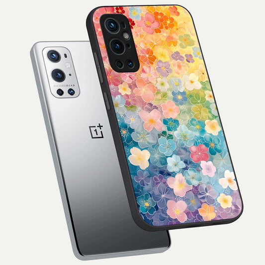  Rainbow Blossom Burst phone case For OnePlus 9 Pro showing premium glass back cover with detailed artwork