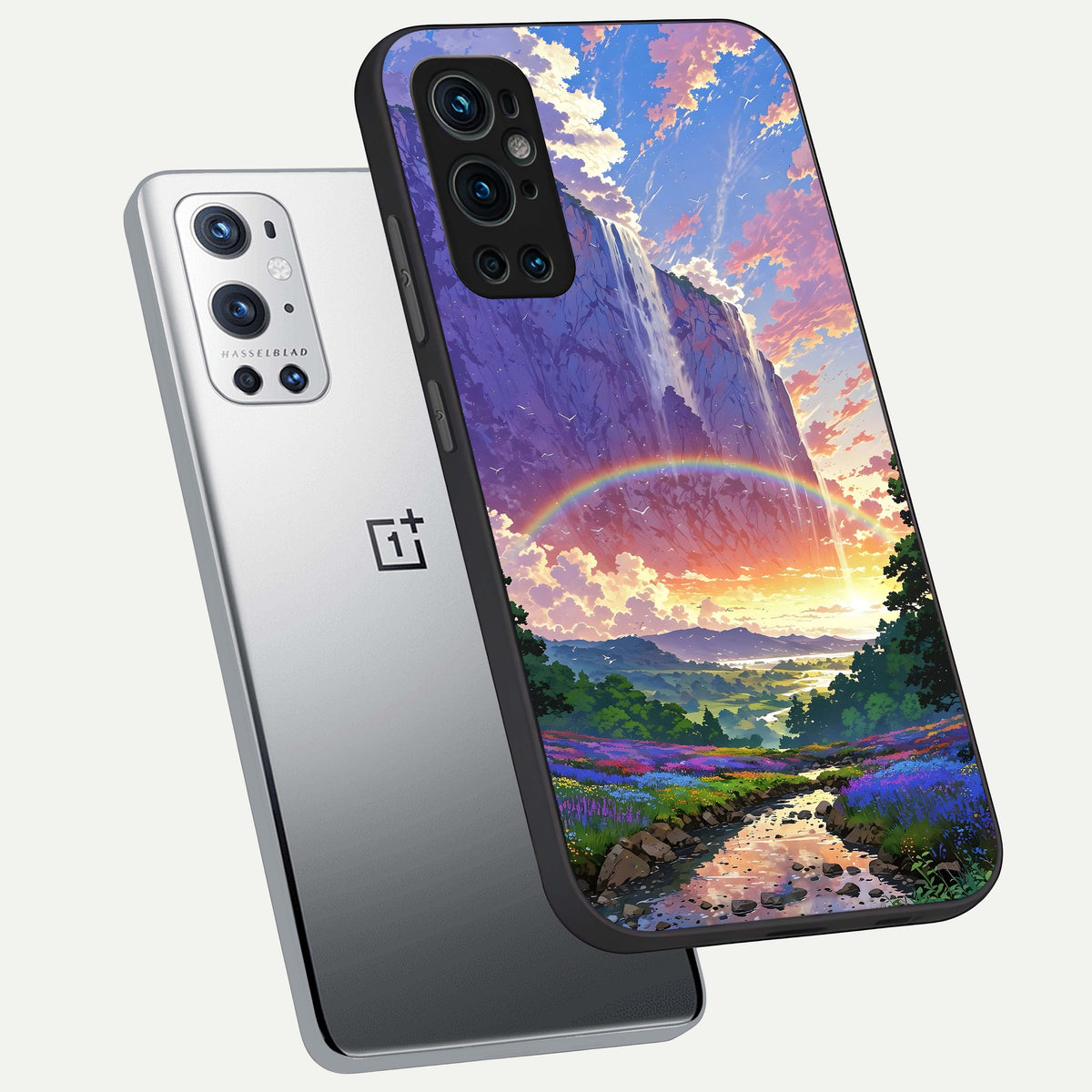  Rainbow Valley Dream phone case For OnePlus 9 Pro showing premium glass back cover with detailed artwork