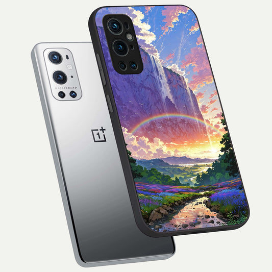  Rainbow Valley Dream phone case For OnePlus 9 Pro showing premium glass back cover with detailed artwork