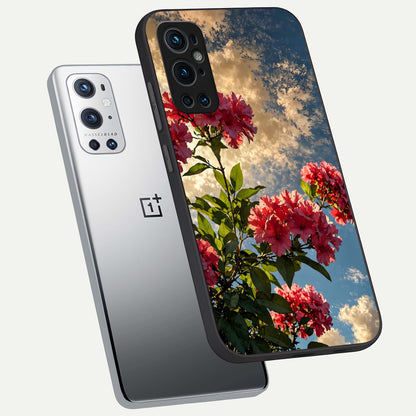  Red Bloom Skies phone case For OnePlus 9 Pro showing premium glass back cover with detailed artwork