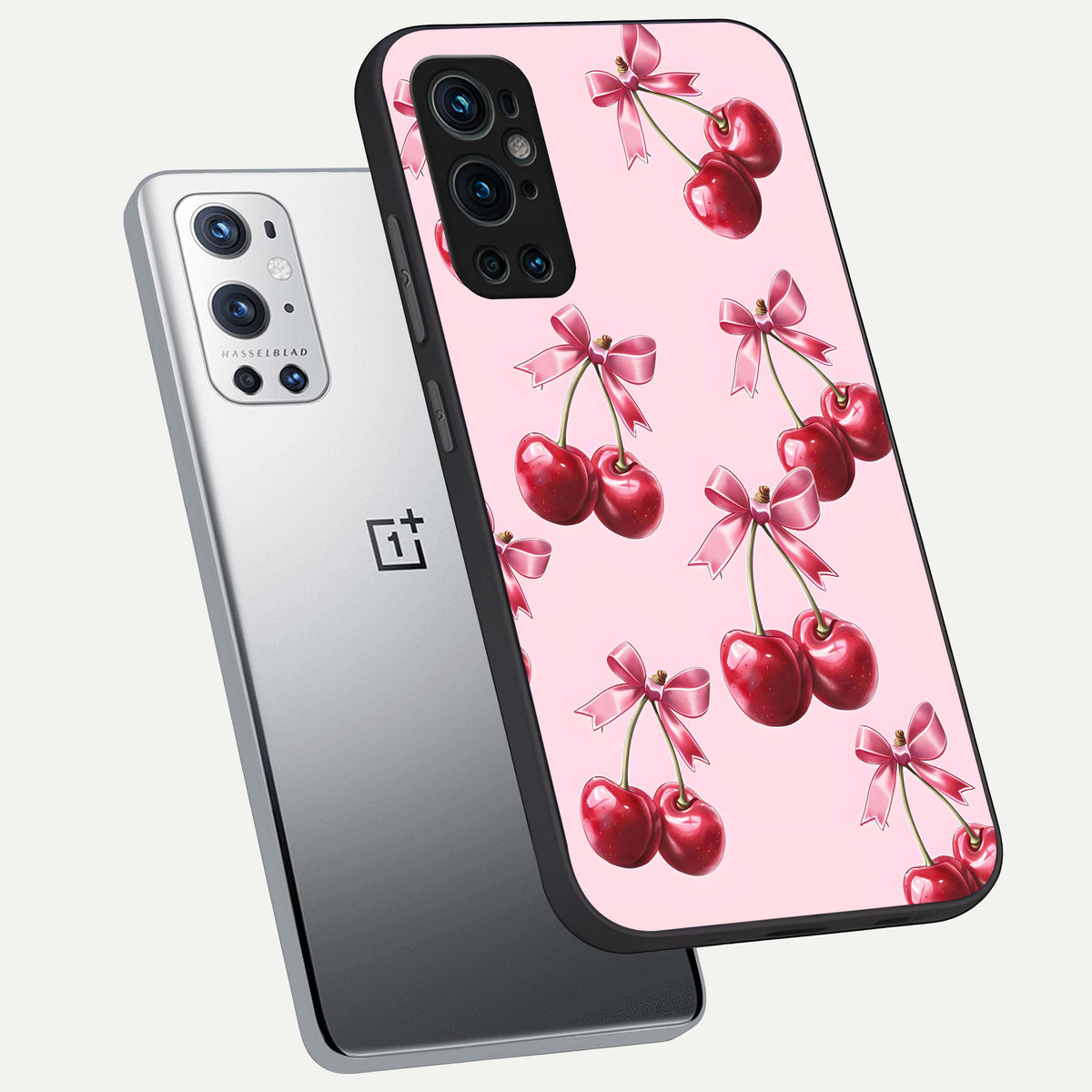  Red Cherries Pattern phone case For OnePlus 9 Pro showing premium glass back cover with detailed artwork