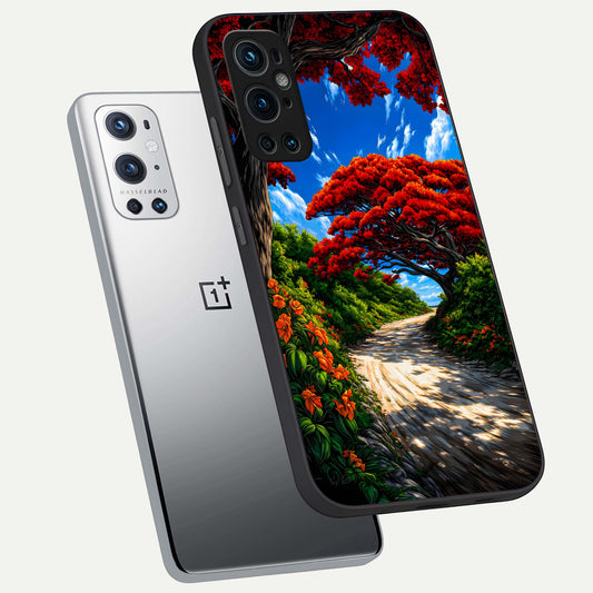  Red Trees Pathway phone case For OnePlus 9 Pro showing premium glass back cover with detailed artwork